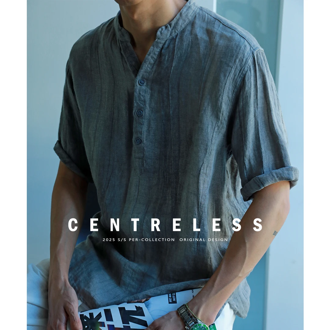 五分袖纯亚麻衬衫男2025夏季新款V领短袖T恤宽松扎染男士衬衣