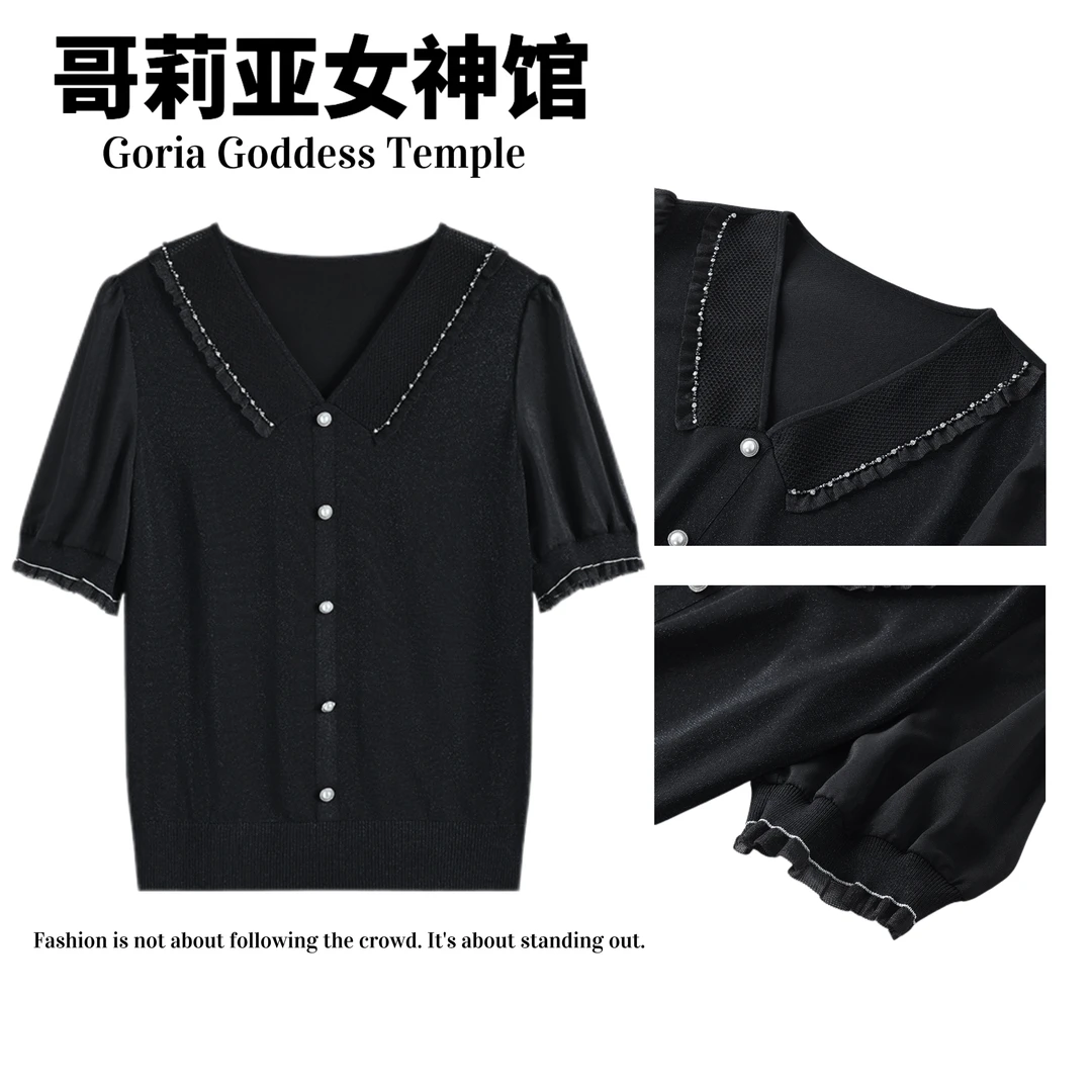 【千韵伊然】休闲风气质显瘦时尚设计藏青色翻领短袖针织衫上衣1377