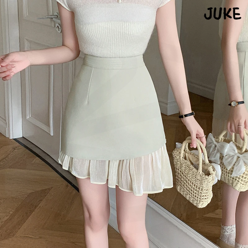 拼接雪纺压褶半身裙女2025夏荷叶边短裙a字防走光短裤包臀裙