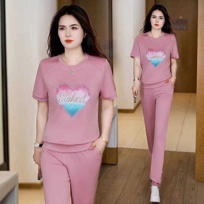 时尚休闲套装女2025夏季新款烫钻减龄圆领上衣卫裤运动服两件套潮
