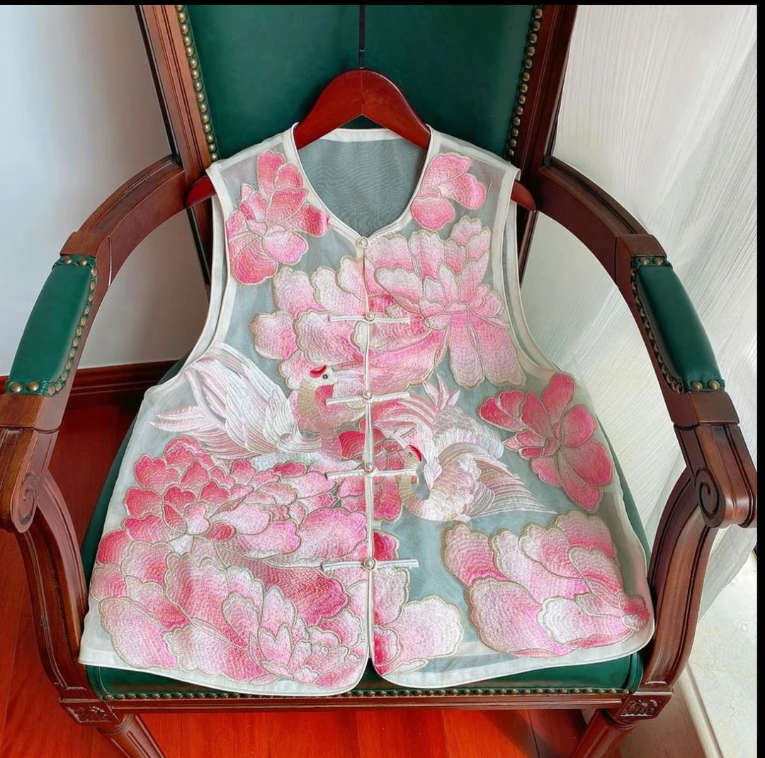 【花开富贵】中式圆领重工刺绣双层乔其纱马夹上衣时尚百搭无袖背心