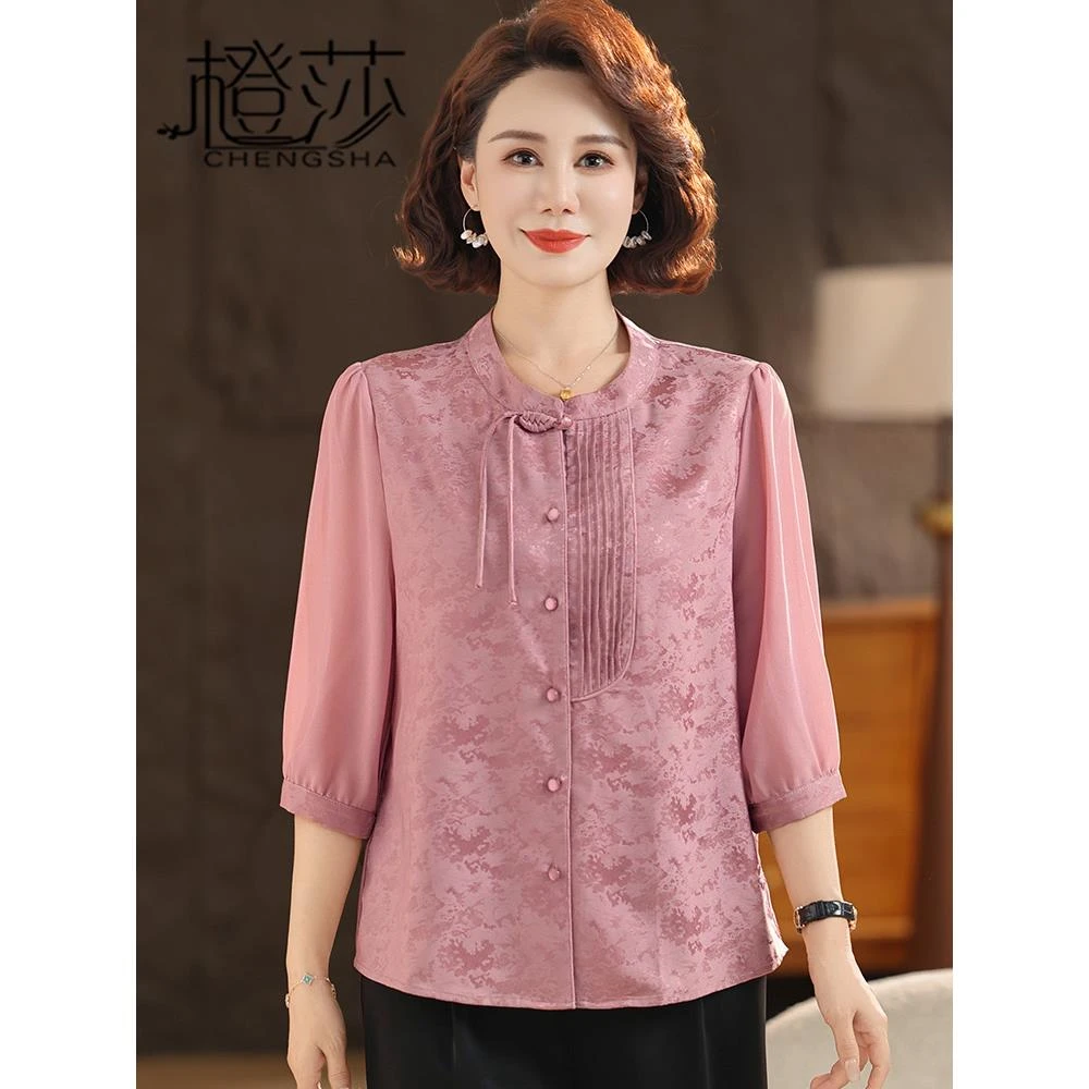 新中式妈妈装夏季中袖衬衫2025新款中老年女国风小衫上衣两件套装