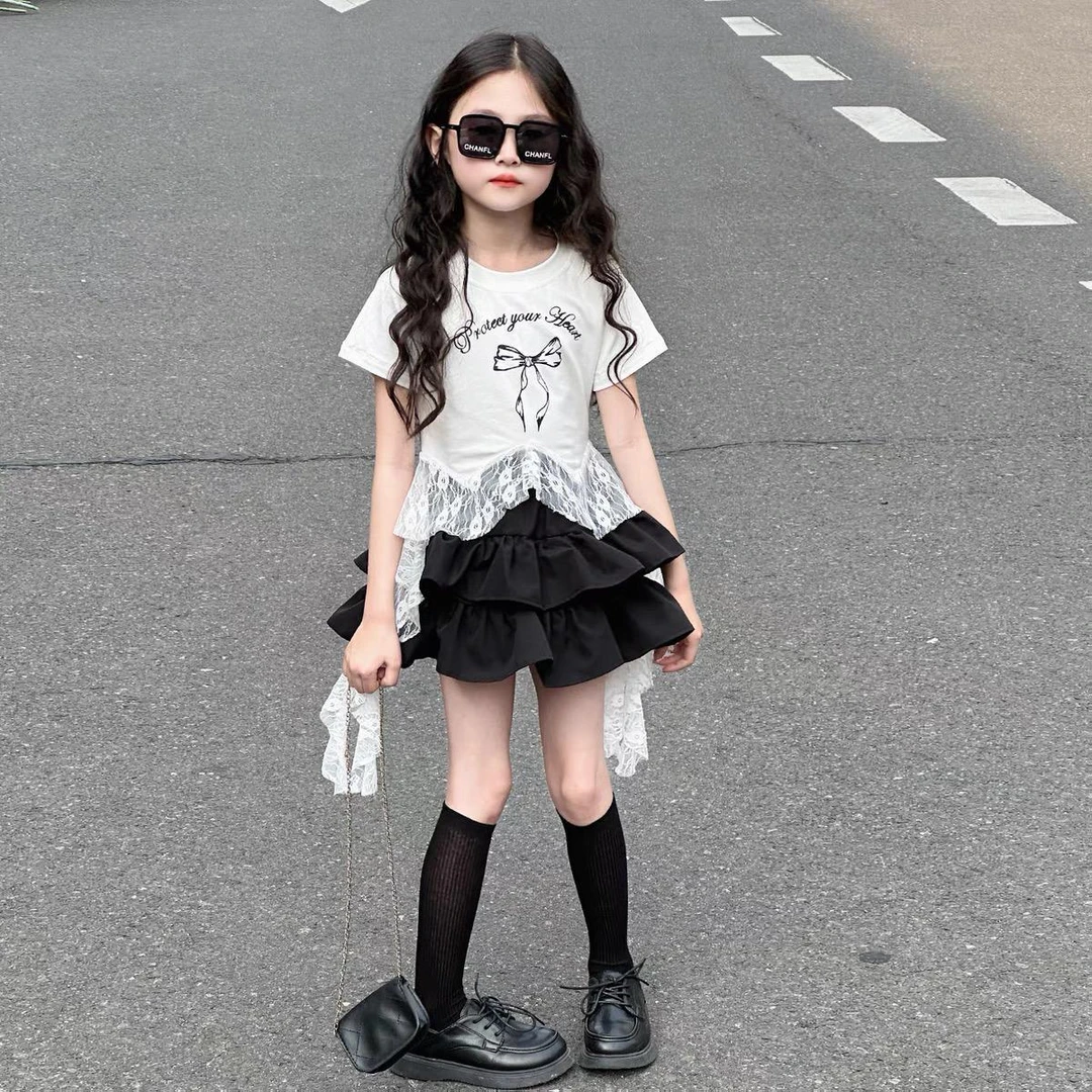 蝴蝶结夏季卡通动漫女套头套装女童童装学生夏装洋气儿童白蛋糕裙