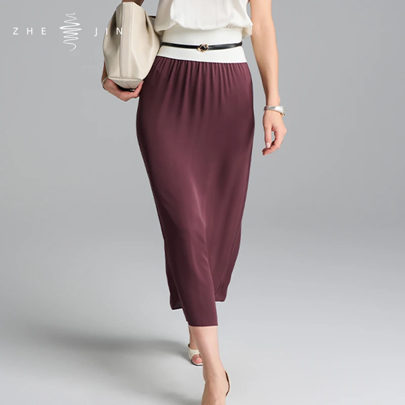 浙锦高腰罗纹真丝裙弹力收腹显瘦舒适