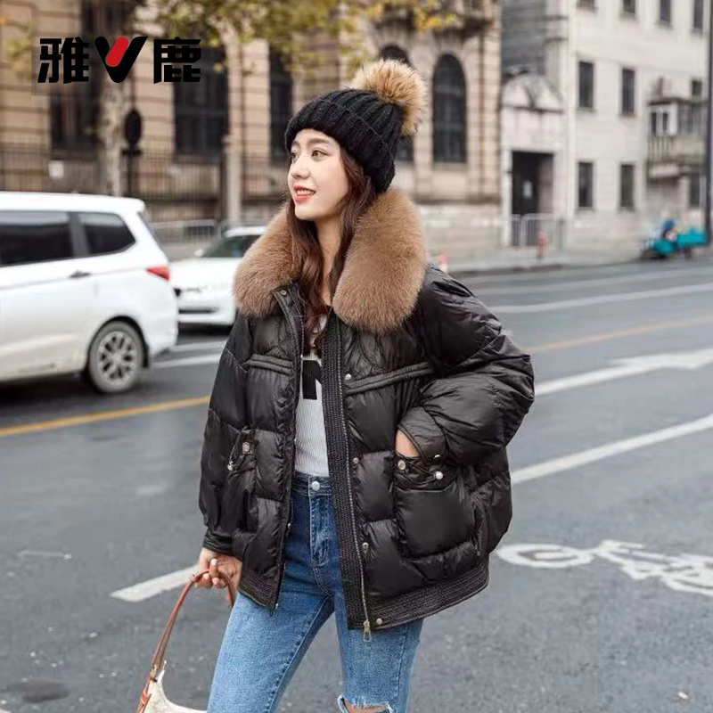 时尚休闲百搭小个子冬季加厚保暖毛领款90%白鸭绒女士短款羽绒服
