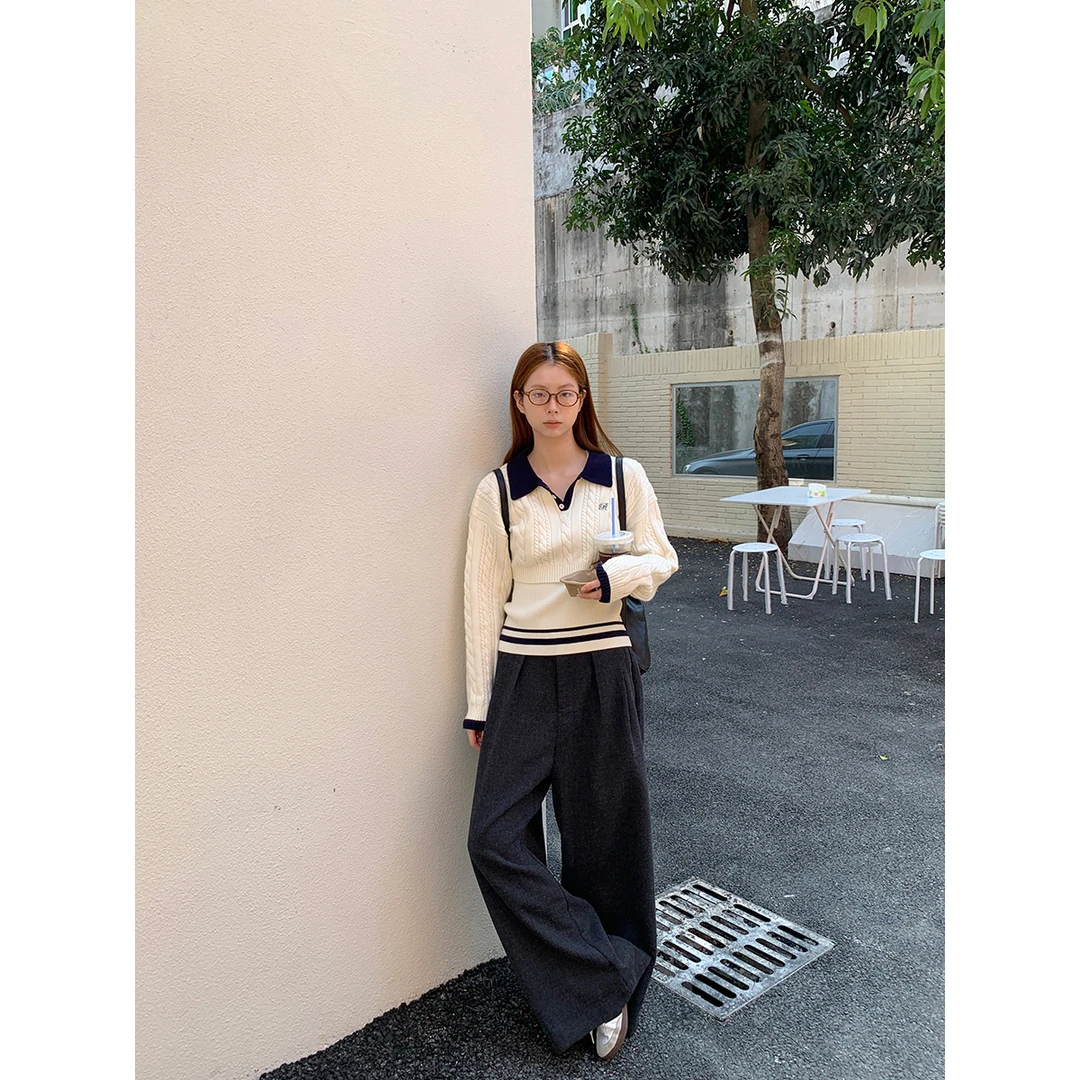 【清ins套装女】气质翻领短款毛衣百搭打底内搭两件套D7362