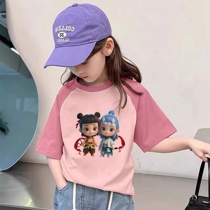 女童拼色粉色短袖t恤儿童时尚卡通纯棉哪吒敖丙上衣服夏季中大童