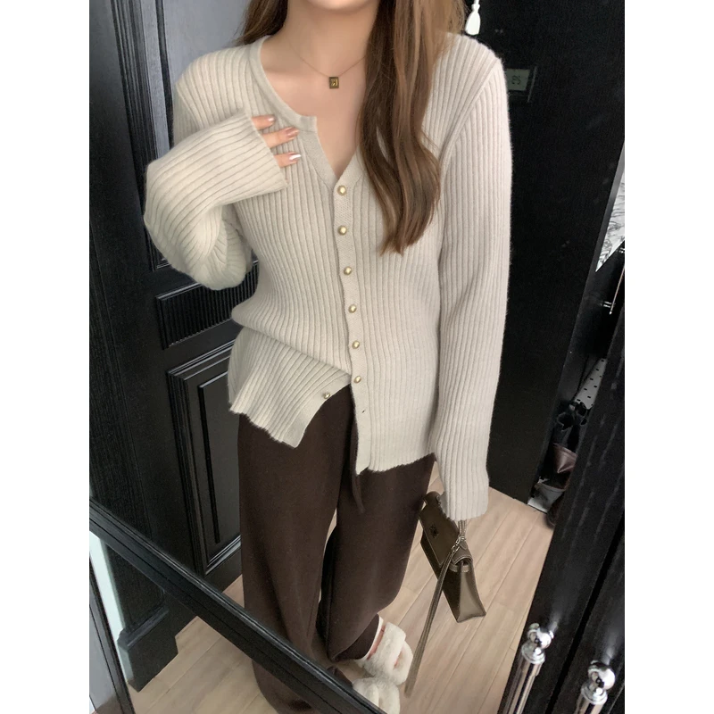 【ALINDM年终大清仓】胖mm显瘦毛衣慵懒风200斤v领开衫针织DM23089