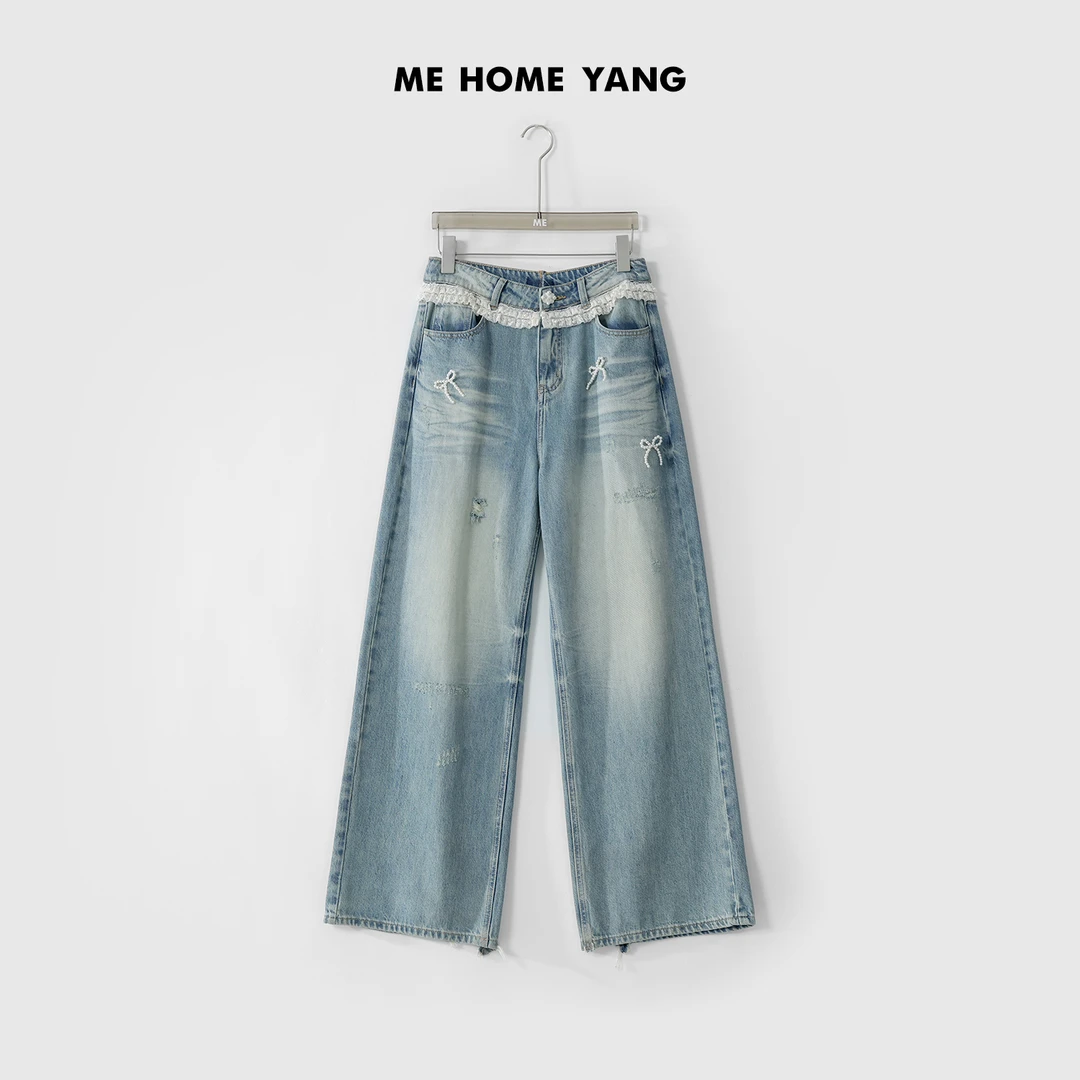 ME【蕾丝蝴蝶蓝牛】棉莱赛尔混纺高腰显瘦时尚百搭牛仔裤MESS0785