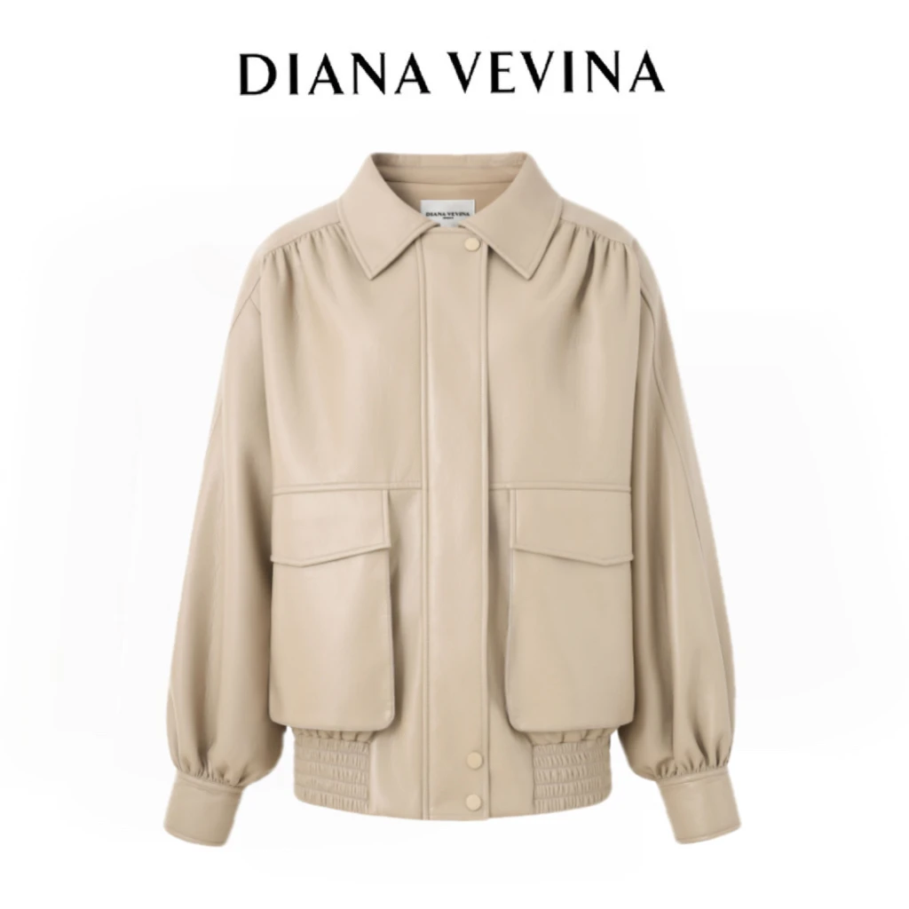 DIANA VEVINA 25春新款卡其色蛋白皮经典翻领皮衣