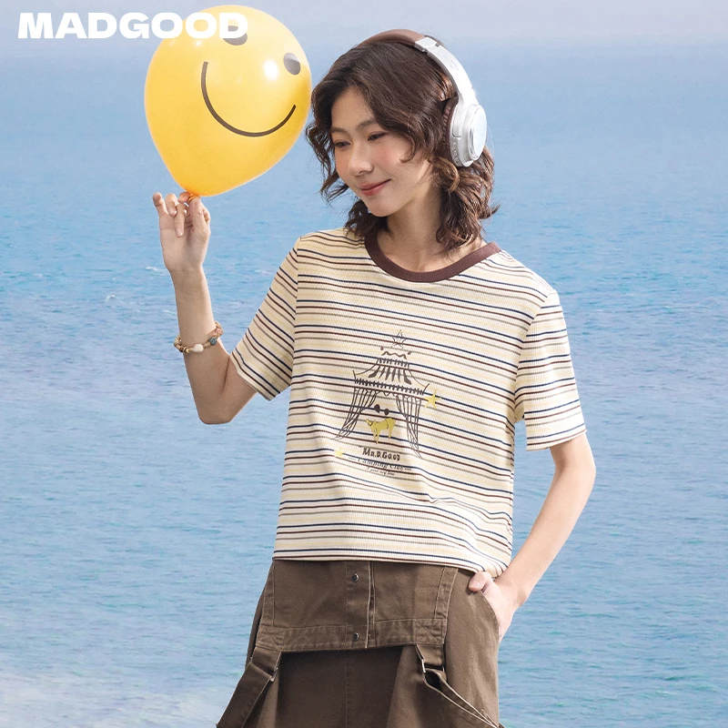马得工地针织小羊马戏团印花撞色条纹短款T恤MDGDDX252143 cby