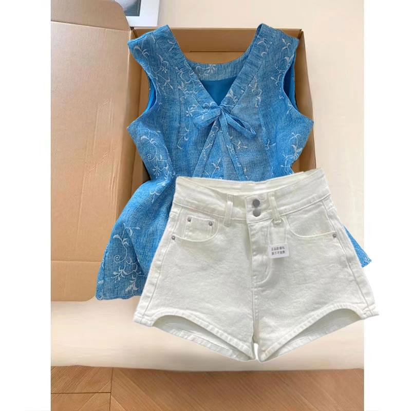 夏季时尚一整套女装2025新款爆款甜美蝴蝶结无袖背心短裤两件套