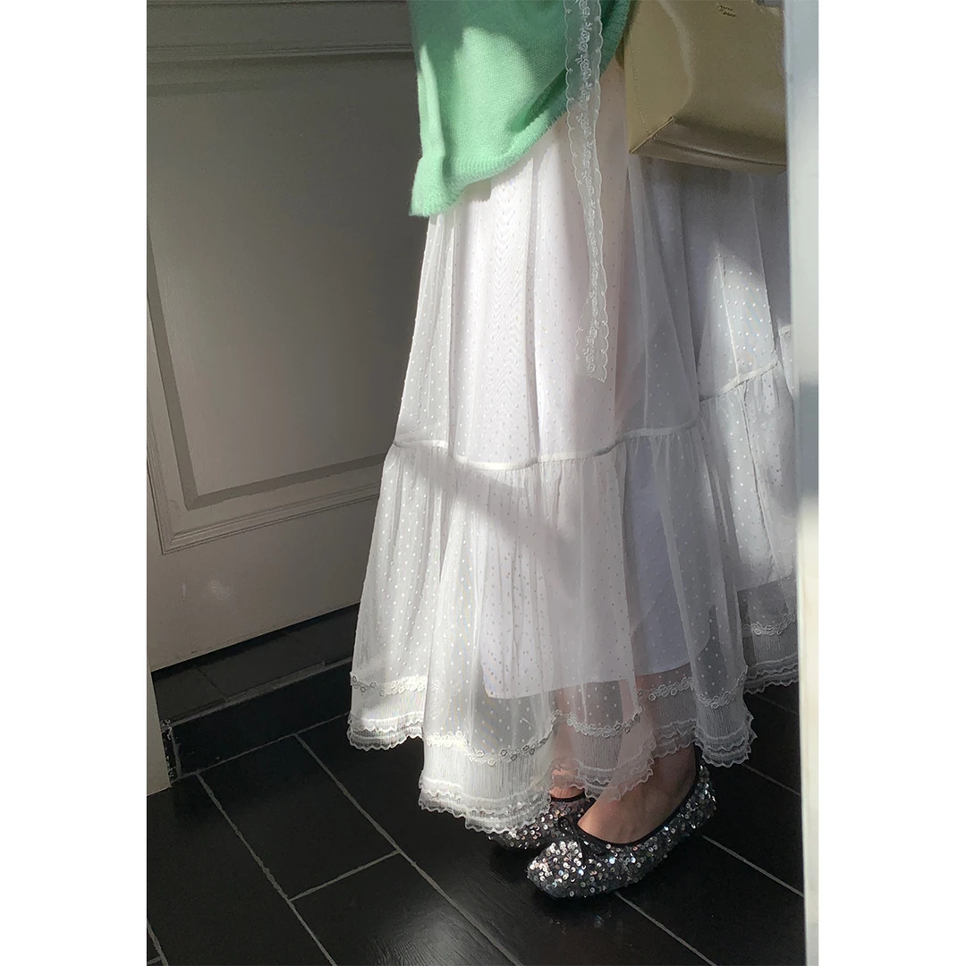 徐达布【胶片与光】大码白色蕾丝半身裙女气质褶皱长裙B29303C51