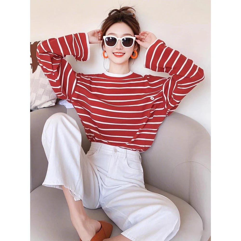 圆领条纹T恤女套头宽松外穿长袖针织衫休闲百搭上衣百搭裤子套装