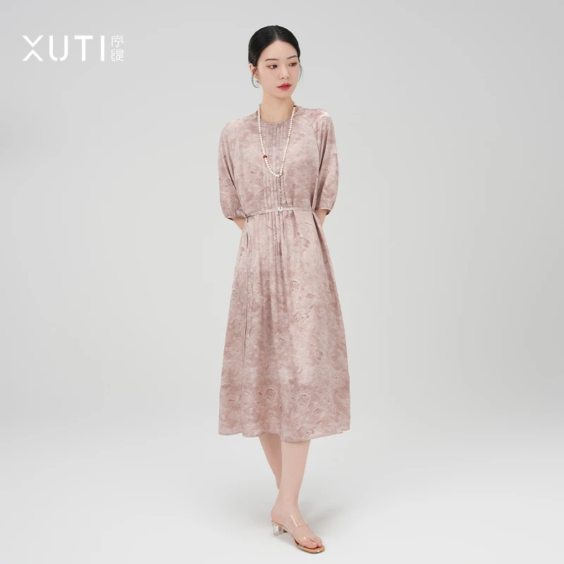 序缇夏季新款复古国风新中式女装桑蚕丝连衣裙H49-12111