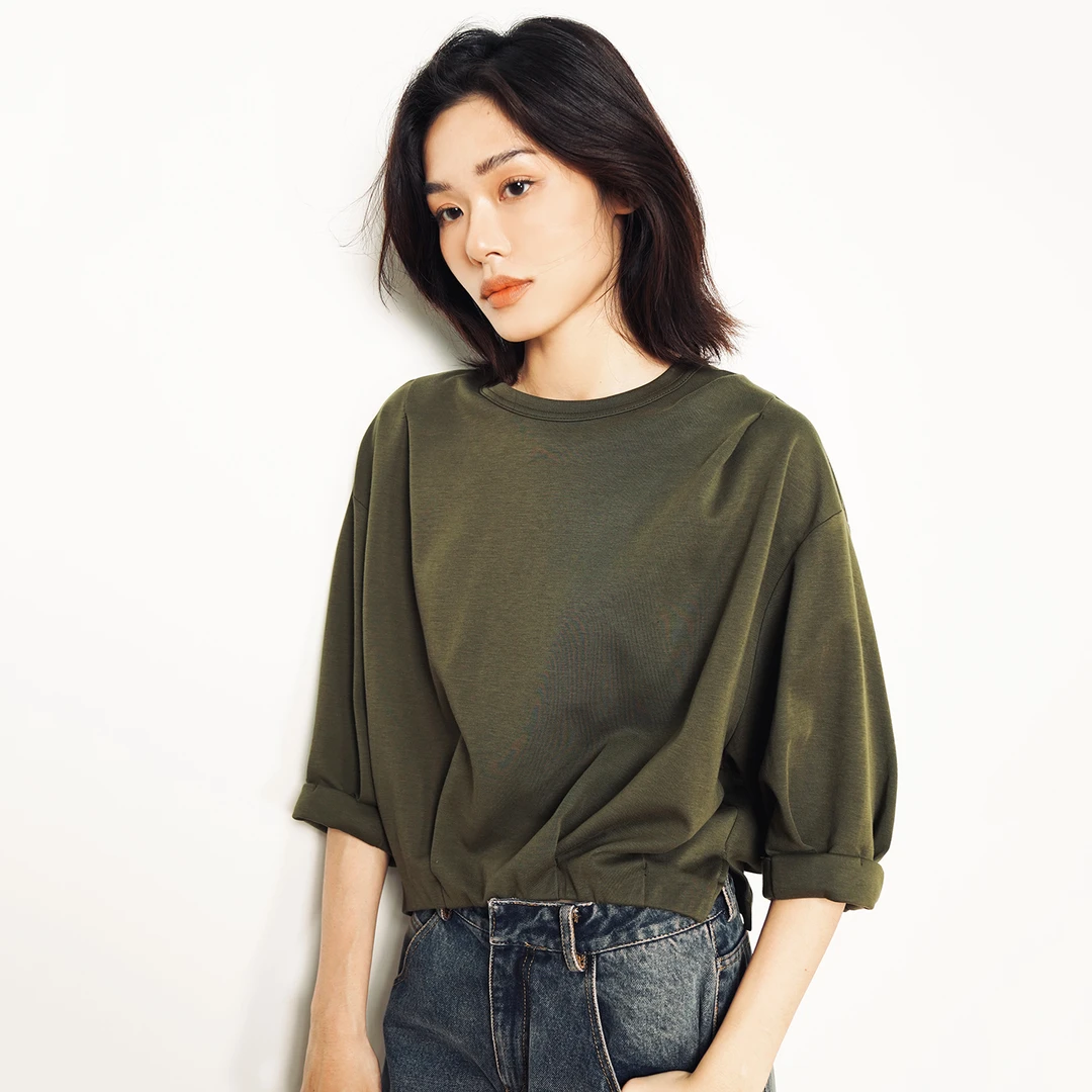 短袖女夏宽松休闲t恤舒适洋气上衣时尚百搭简约圆领七分袖