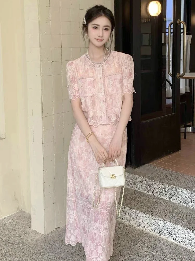 小香风蕾丝套装女2025夏季新款镂空短袖上衣半身裙两件套HJ-1768