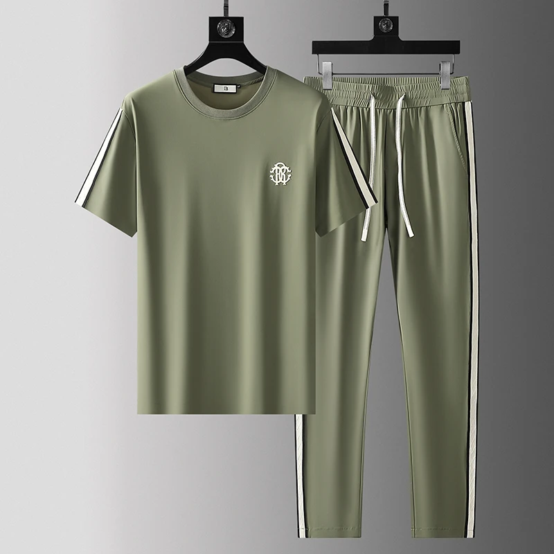 简纳曼克夏季冰丝两件套男速干潮流轻薄撞色织带短袖休闲运动套装