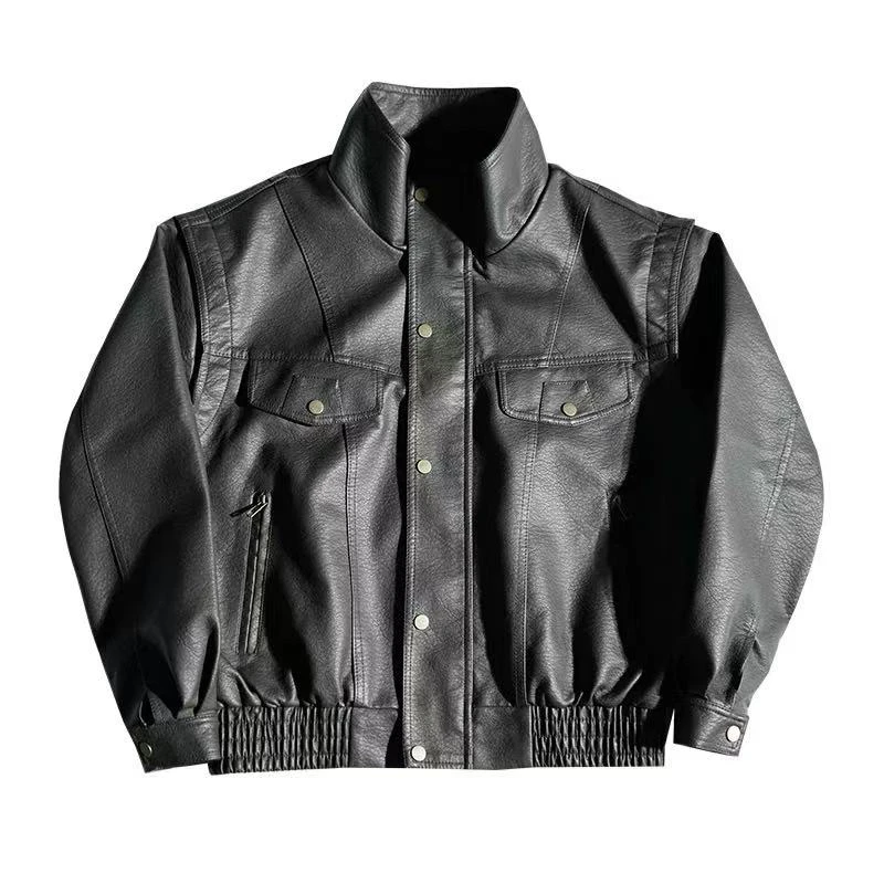 短款秋季皮衣爆裂纹美式机车夹克春秋百搭休闲极简风