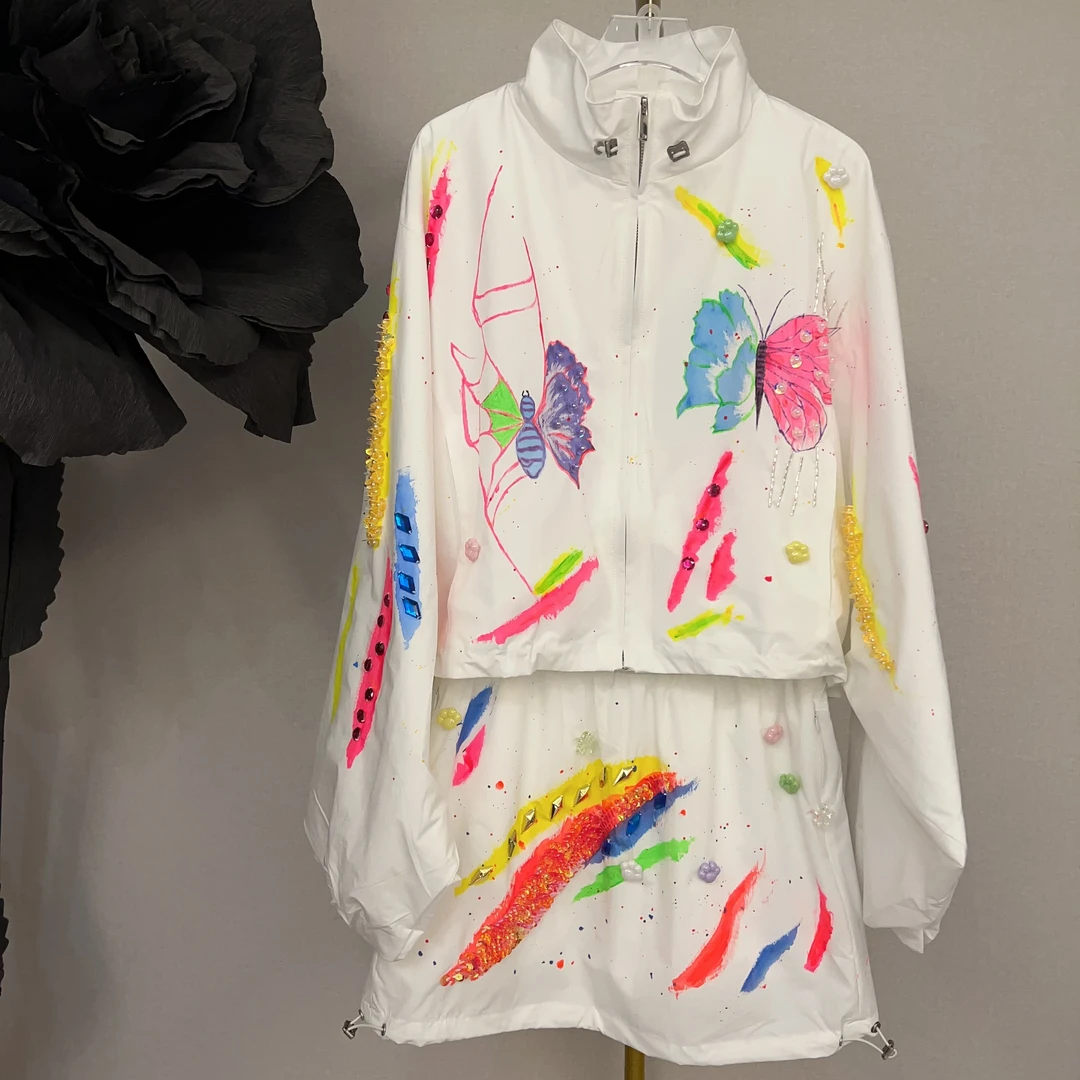 W1095锐宝潮牌设计师款亮片绣花春夏户外运动连帽时尚休闲套装