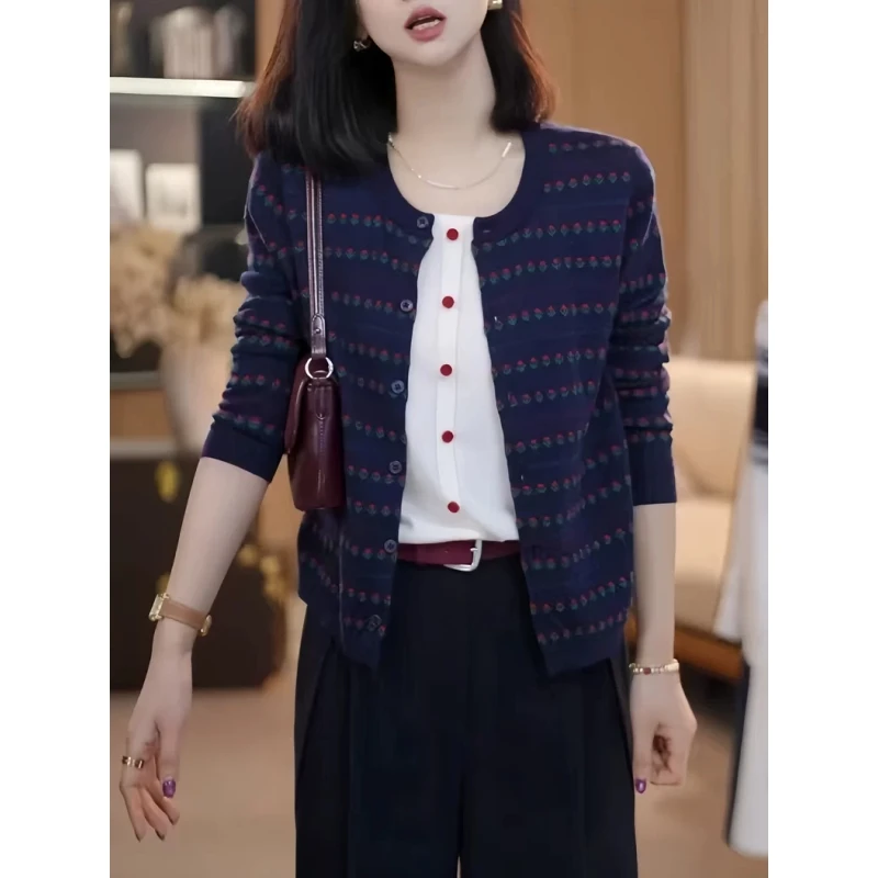 复古条纹假两件针织开衫女秋大码胖mm藏青色圆领纽扣气质百搭上衣