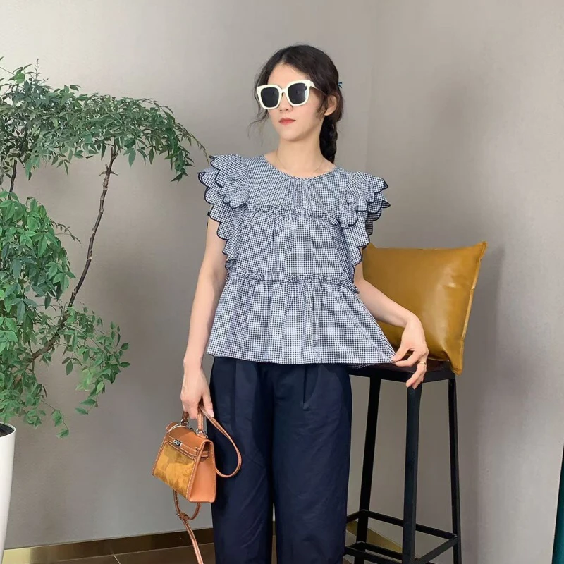 法式飞飞袖衬衫上衣女夏季甜美减龄木耳边小衫196