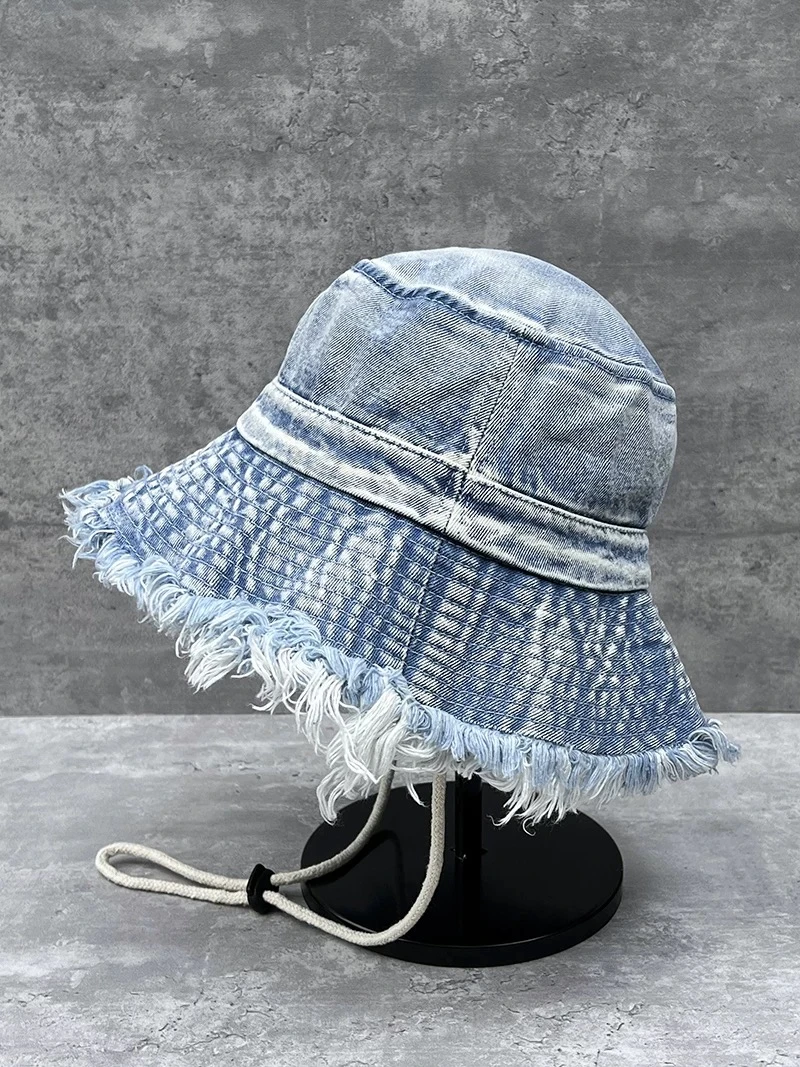 A338 水洗牛仔毛边渔夫帽戴防风绳