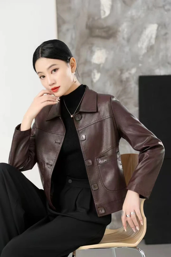 薄款轻职风短款标准一字领皮衣上衣皮夹克翻领春秋季气质8619