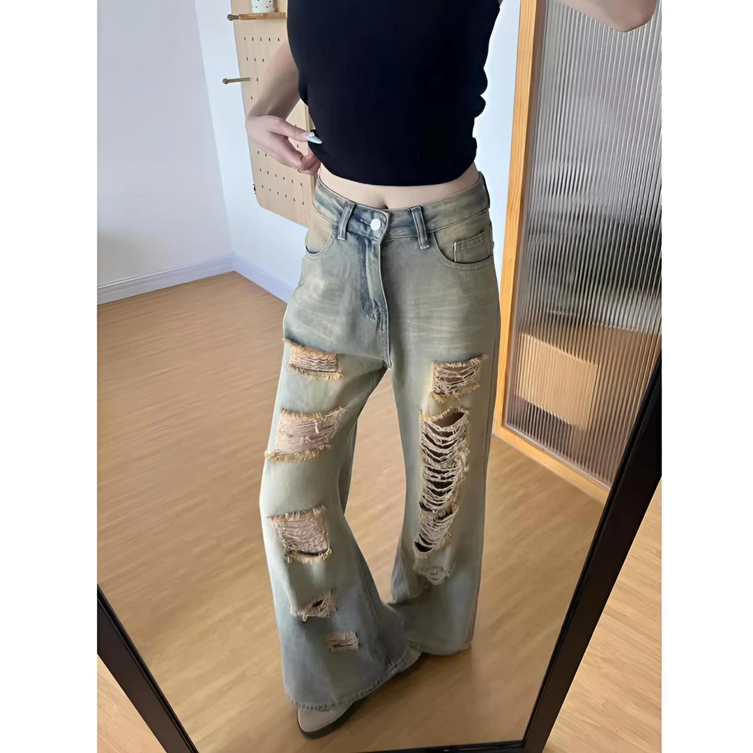 美式高街破洞牛仔裤男女早秋款潮牌设计感cleanfit裤子复古直筒裤