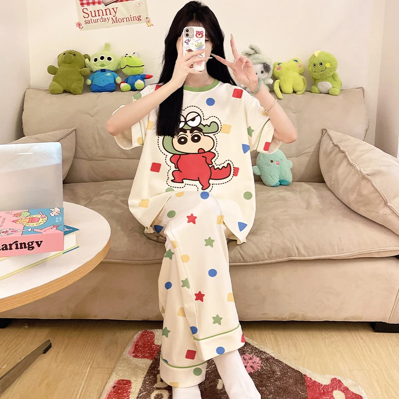 女士薄款睡衣夏季短袖长裤套装夏天初中生蜡笔小新纯棉空调家居服