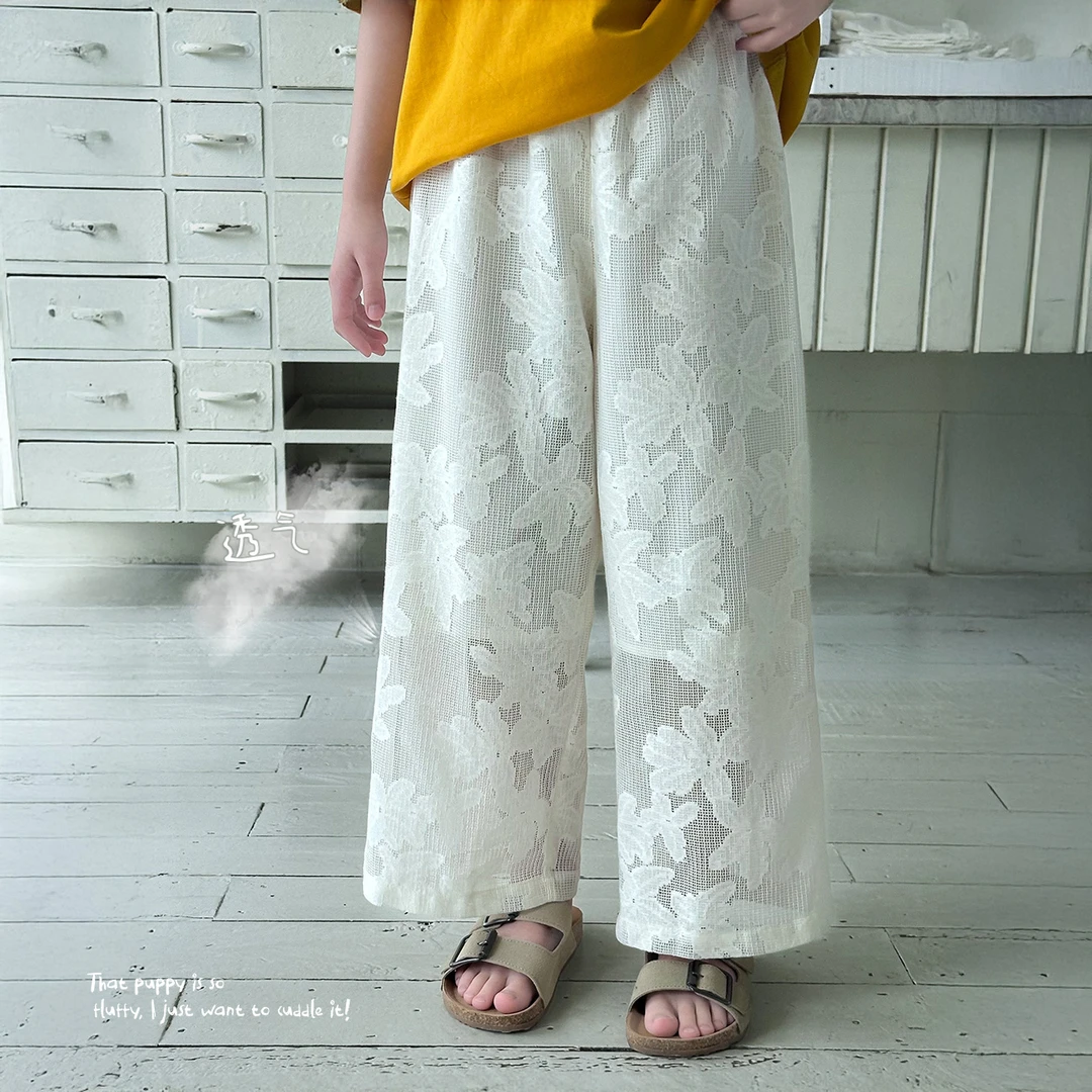 【花心思】蓝小爸童装女童刺绣提花长裤夏季新款洋气休闲直筒裤