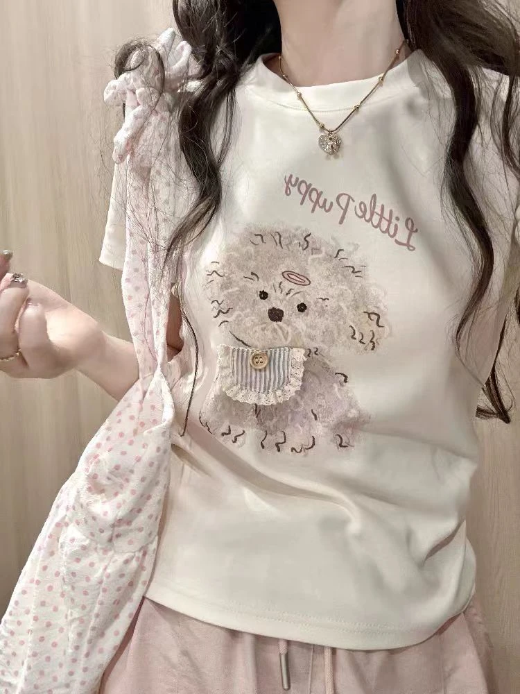 A081- 奶油小狗-印花圆领短款T恤女夏新款百搭修身短袖上衣