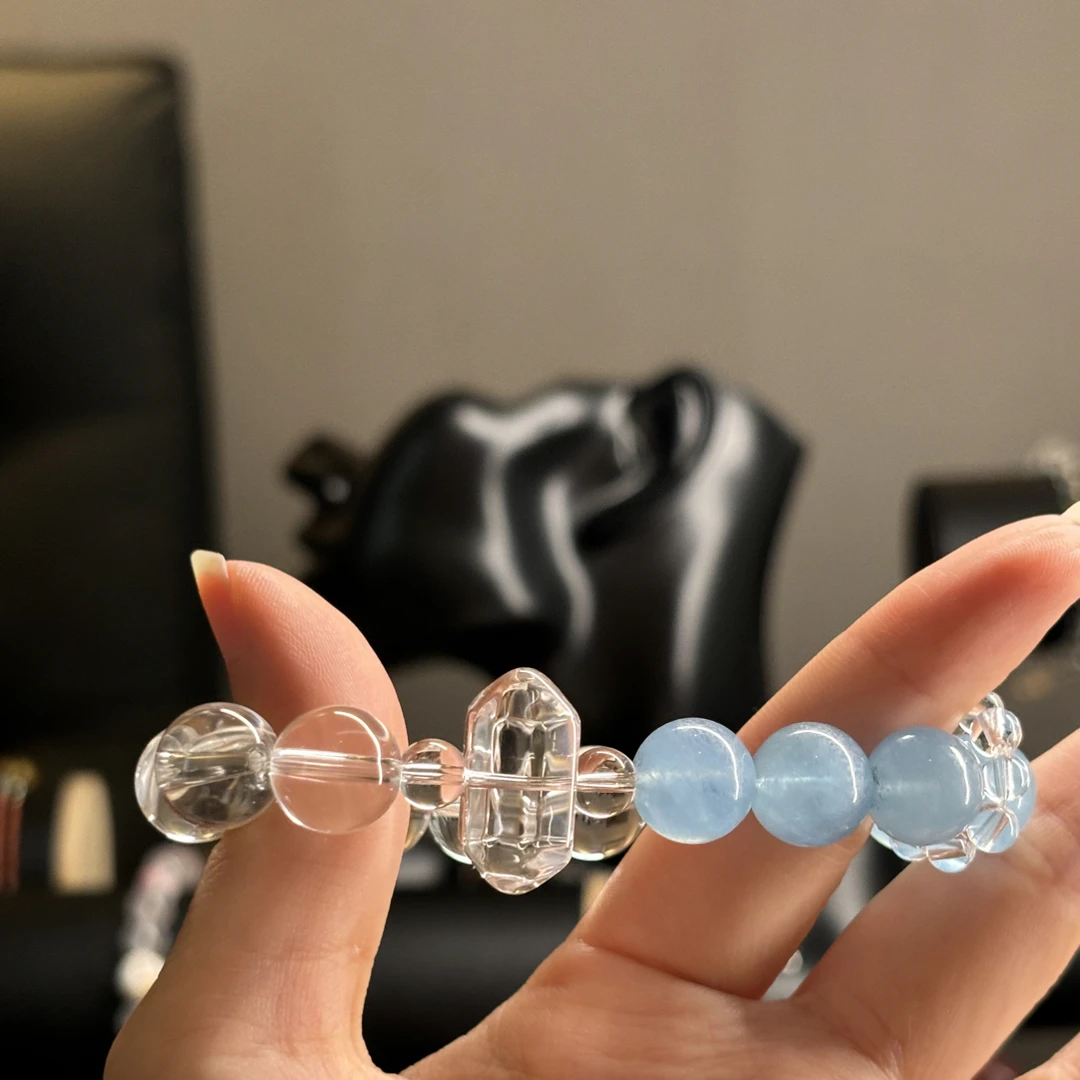 利刃（天然双A白水晶+海蓝宝）水晶手串 卡10 手围15