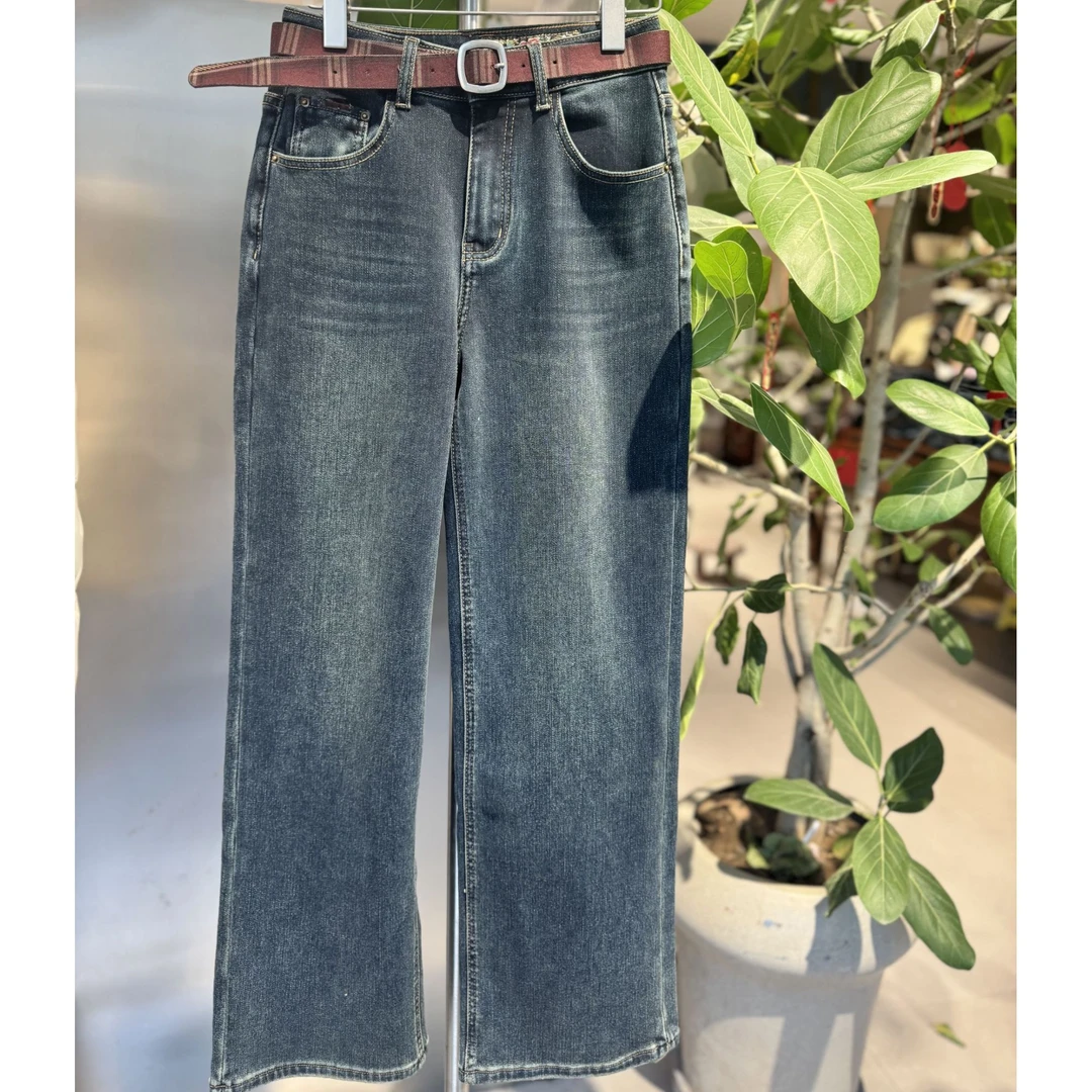 无品牌花  水洗宽松百搭长裤女装牛仔裤女秋季休闲阔腿裤蓝色6664