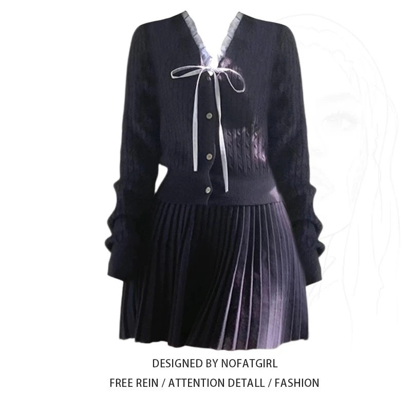 秋冬搭配一整套大码胖妹妹学院风蝴蝶结系带长袖针织衫百褶裙套装