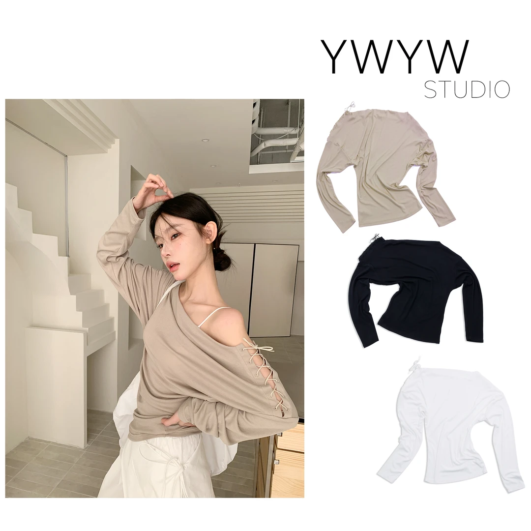 【YWYW25S/S】正反两穿斜肩绑带荡领弹力长袖宽松百搭纯色T恤3901