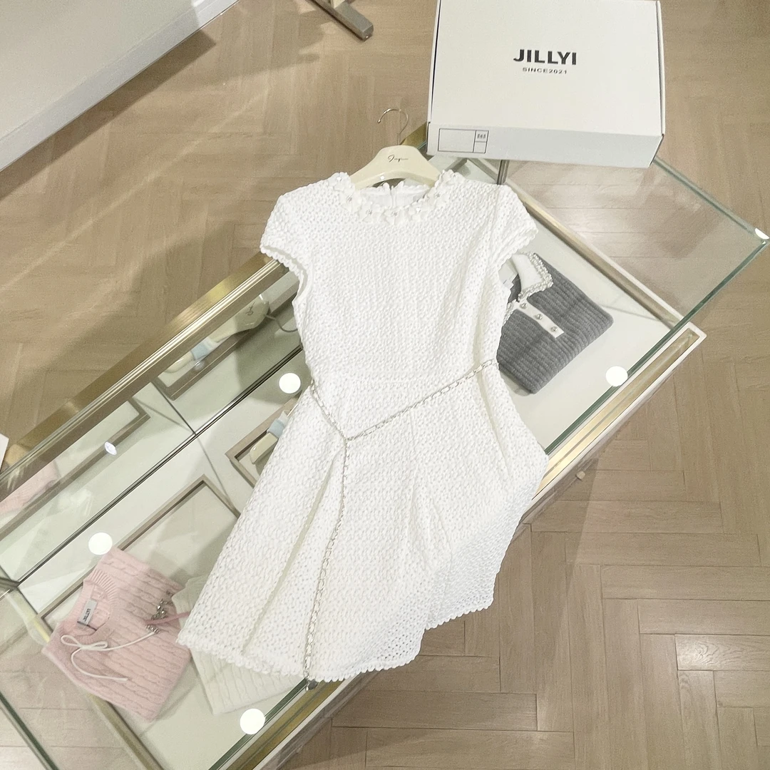 JILLYI南山店【绣球花园】白色圆领领口小花收腰显瘦连衣裙