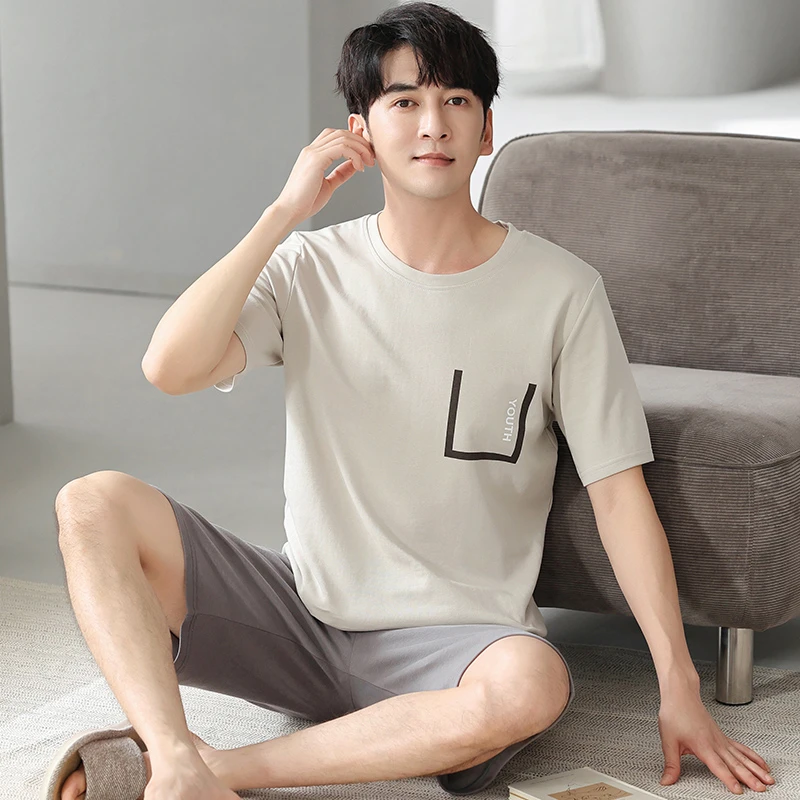 索盾夏季莫代尔男士睡衣套装男加大码薄款短袖夏天短裤家居服舒适