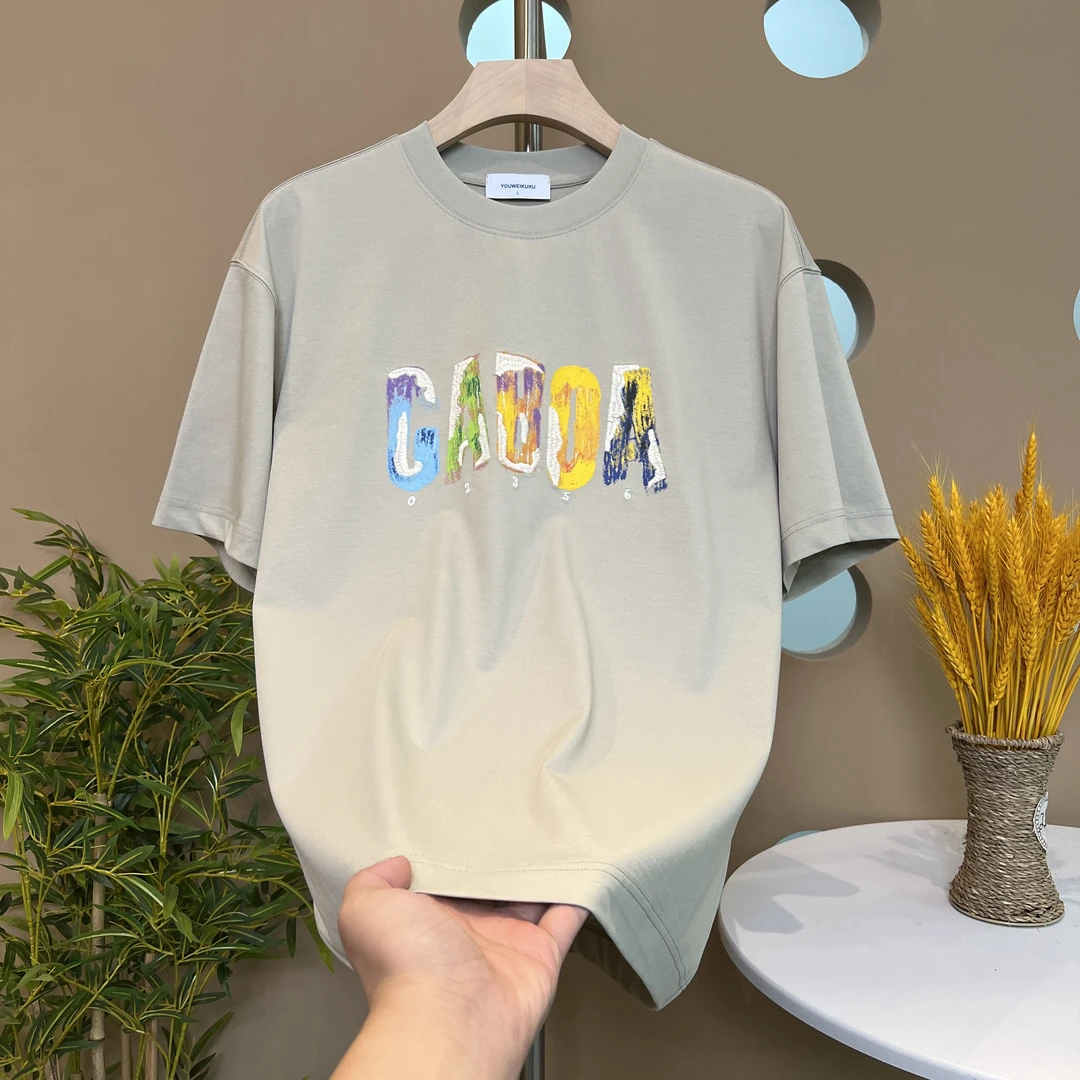 男士2025夏季重工印花新款男精致休闲百搭圆领质感宽松T恤【6601】