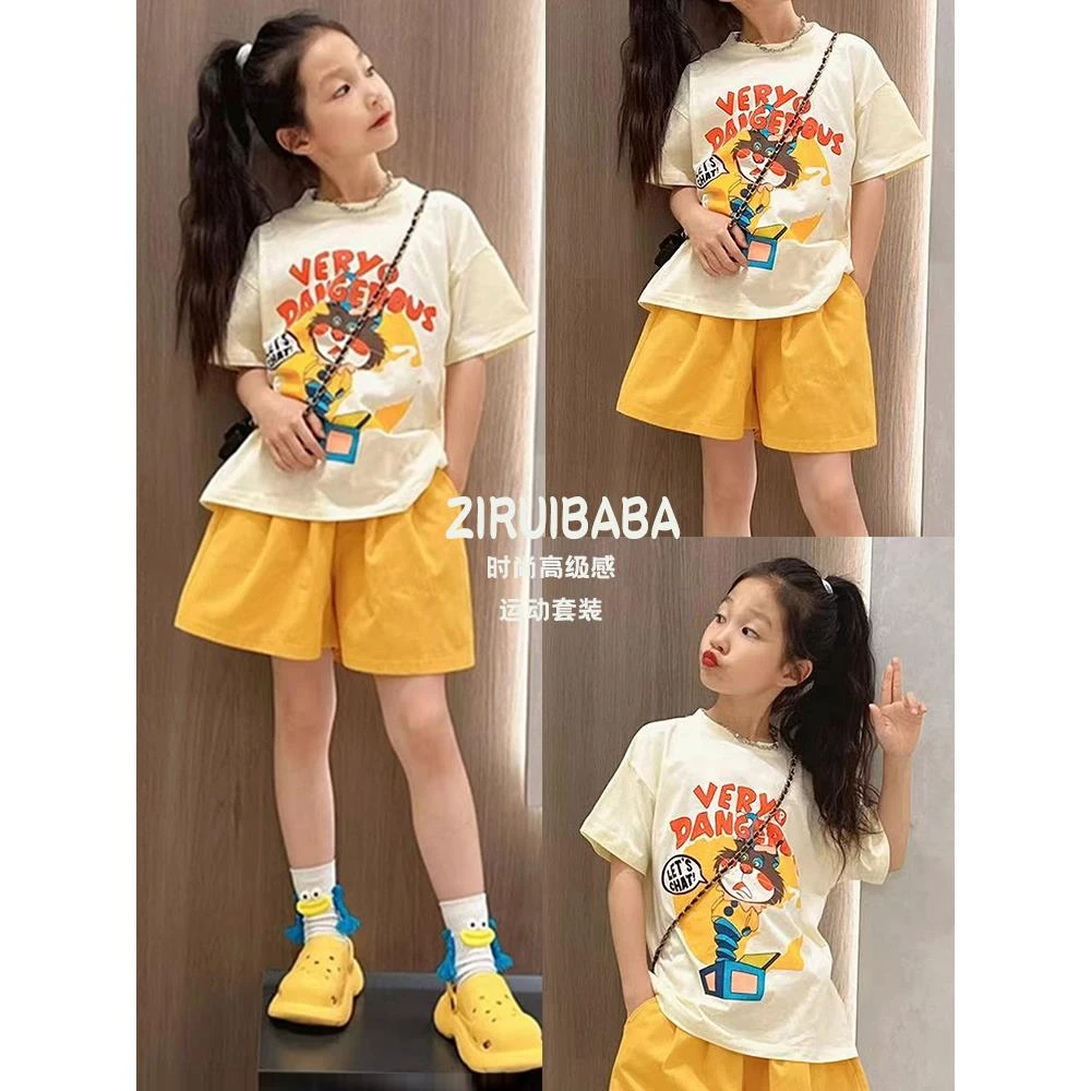 女童短袖t恤巨好看套装夏2025新款洋气大童女又酷又飒运动服短裤