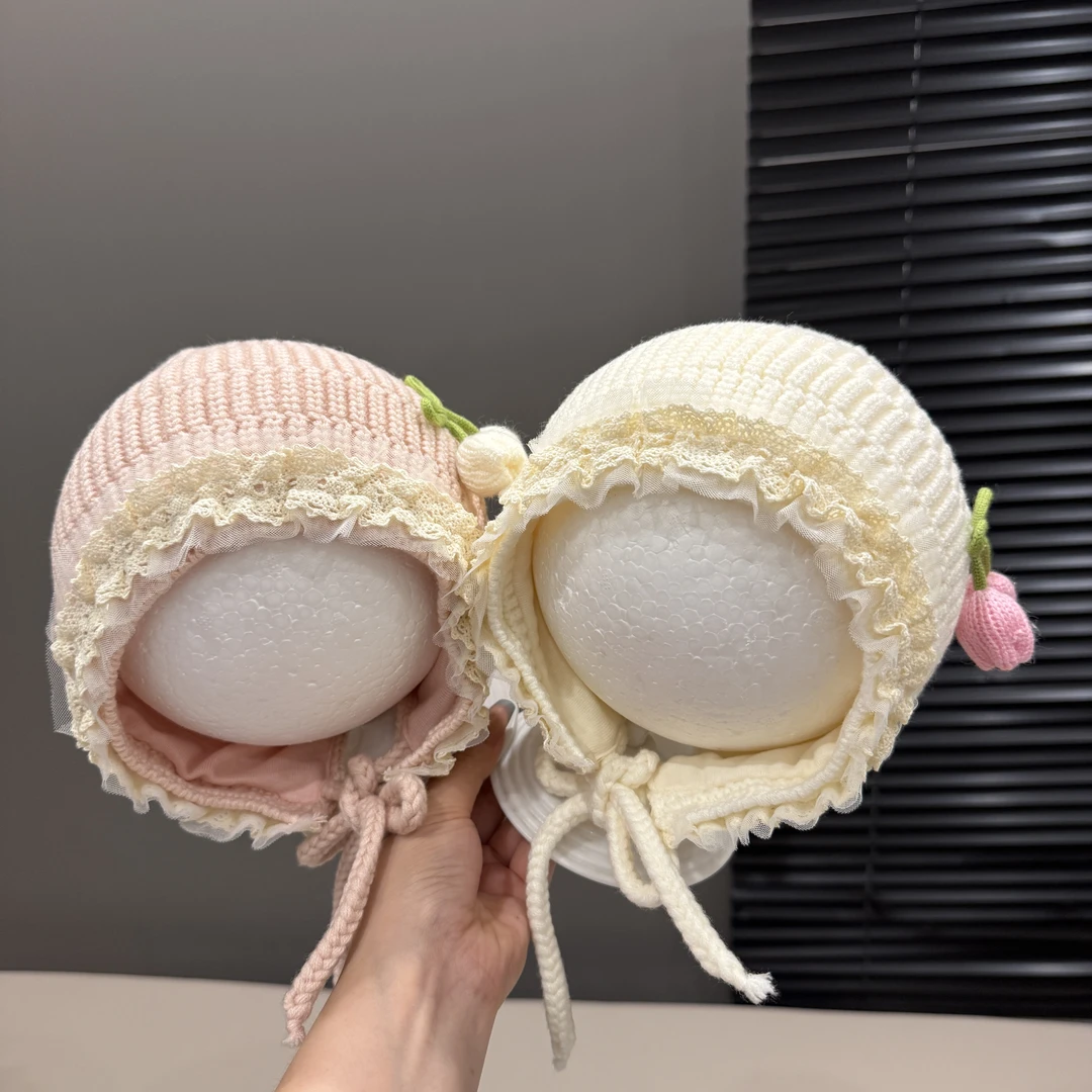 婴儿帽子秋冬季女宝宝蕾丝边花朵保暖套头帽韩版小月龄针织护耳帽
