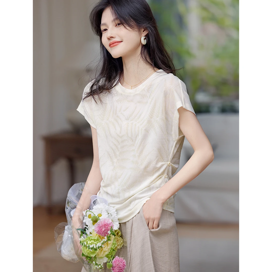 XWI/欣未2025夏季新款羽叶肌理感圆领侧边抽皱设计感T恤女装6163