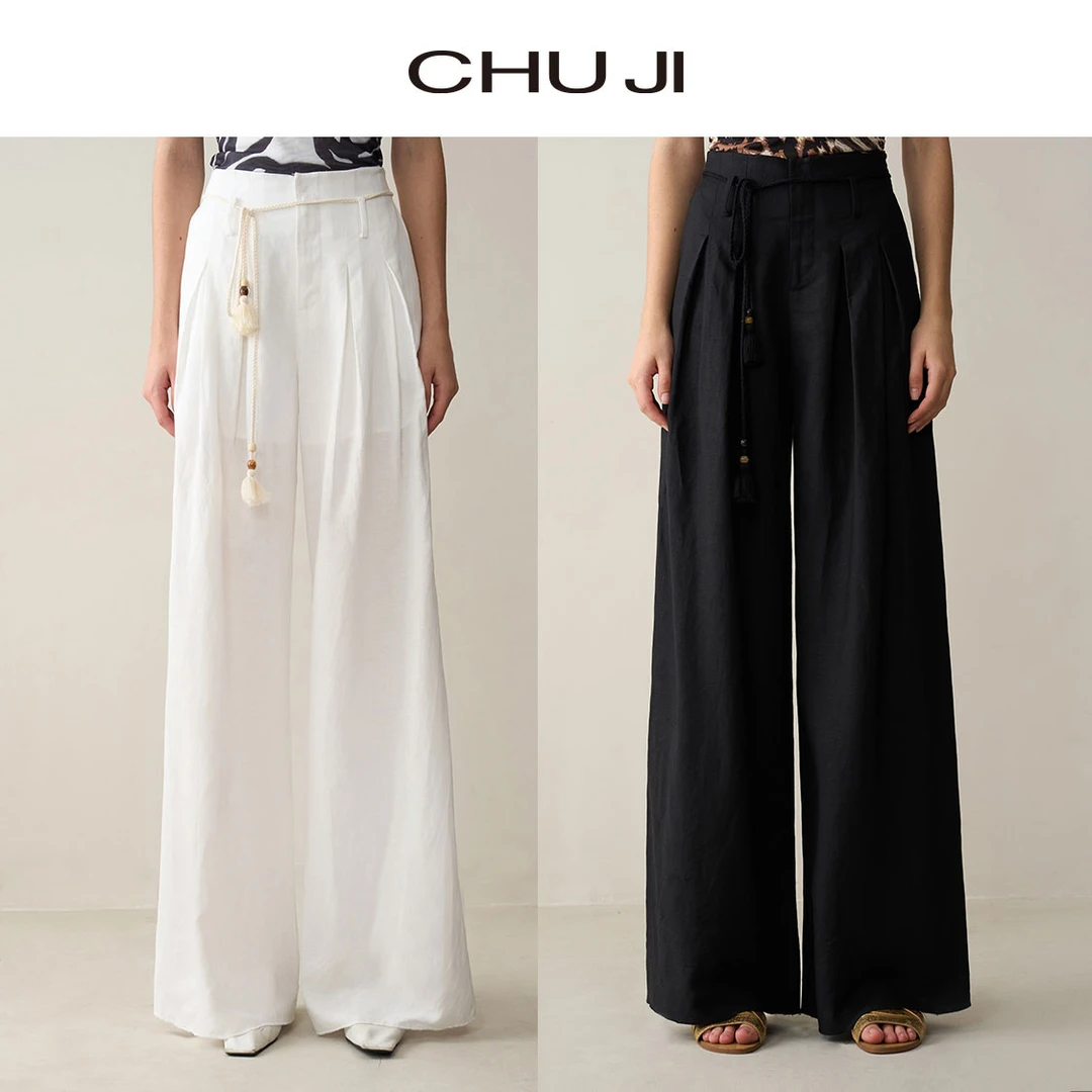 Chuji/出迹夏季薄款高腰拖地阔腿裤女麻料直筒休闲长裤-E1Y2047K