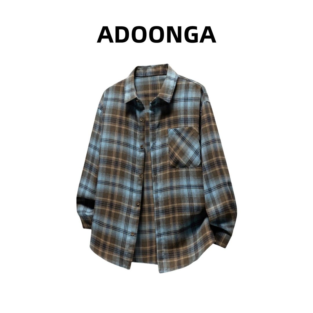 ADOONGA新款复古格子长袖衬衫男春季百搭休闲情侣潮牌翻领衬衣