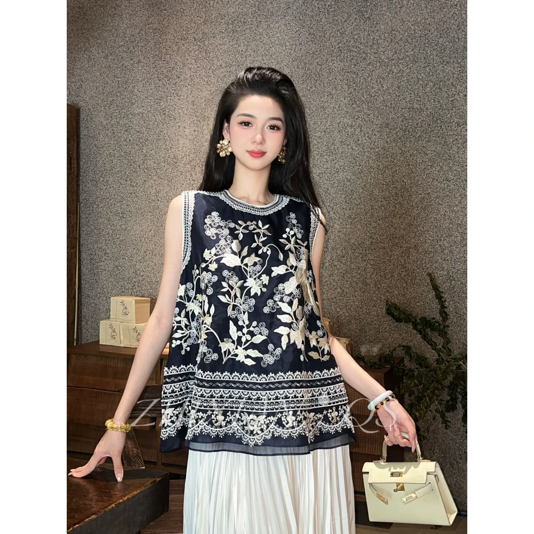 宫廷珠绣-25年夏季新款真丝欧根纱重工刺绣钉珠小上衣