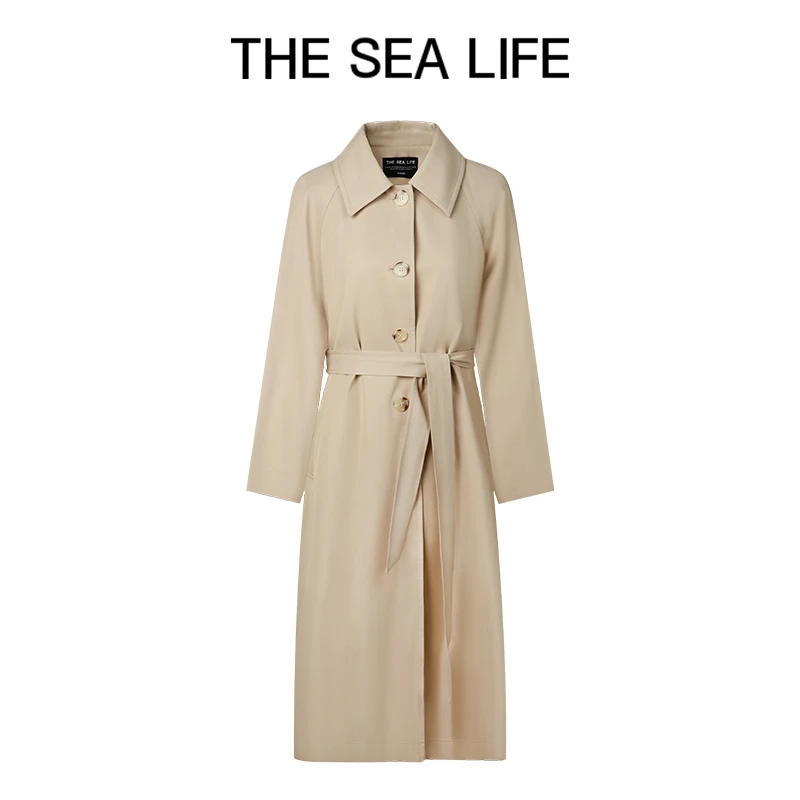 欧海一生 棉系小翻领风衣女2025春腰带设计长外套thesealife15051