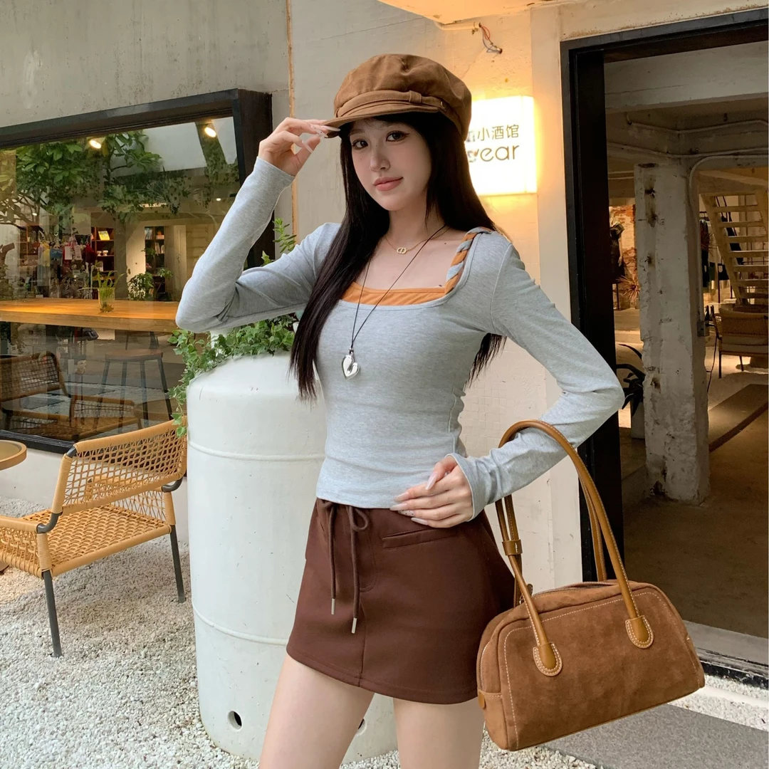 反转心结 纯欲大方领撞色扭结打底衫假两件长袖修身上衣