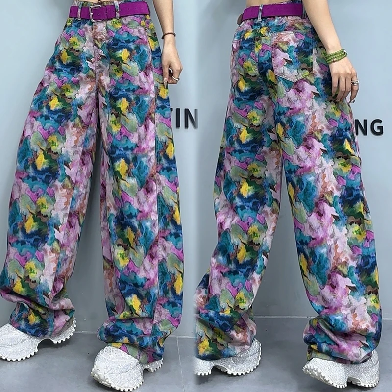 春季提花阔腿休闲弯刀裤女2025新款胖mm宽松显瘦拖地花裤子-7001