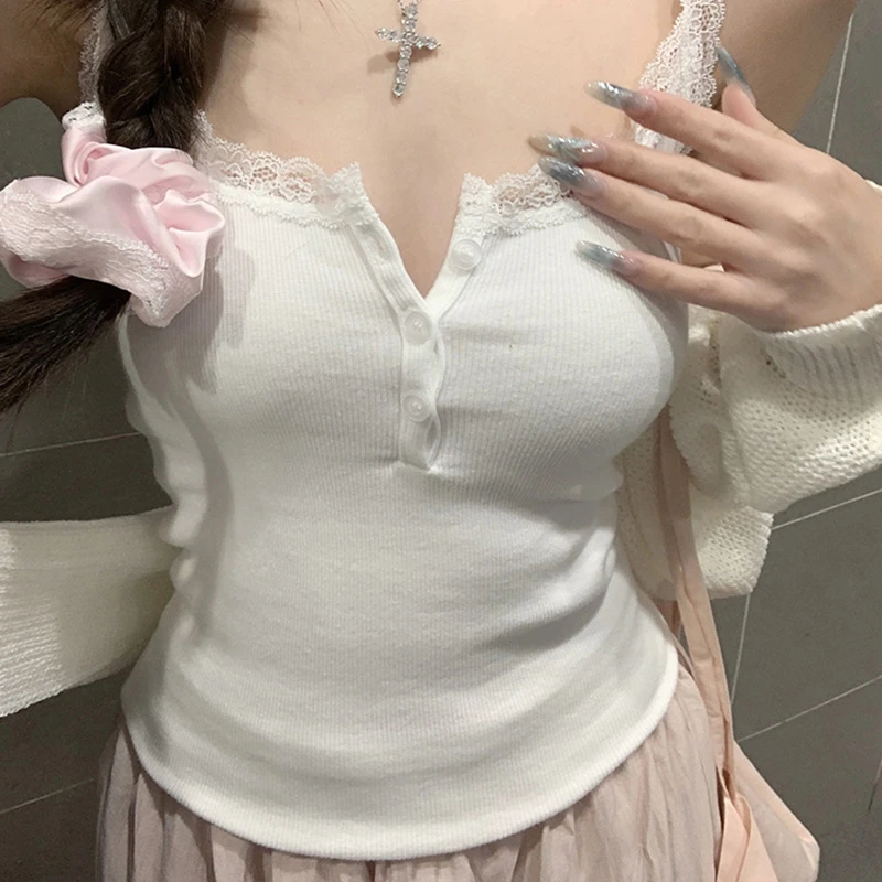 白色纯欲风蕾丝小背心吊带女夏季甜辣扣子修身内搭打底外穿上衣