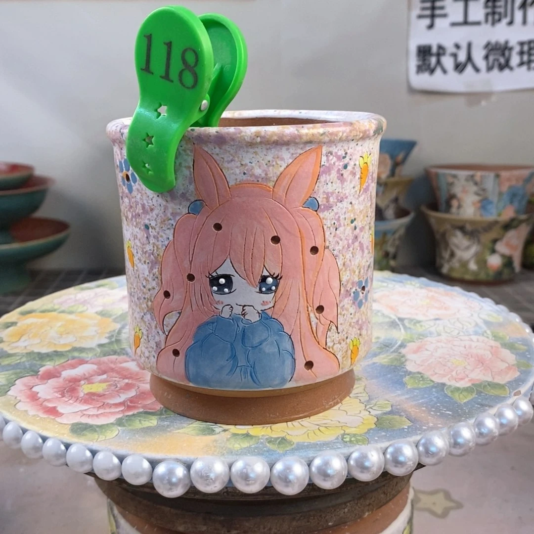 紫砂花盆回***笑红陶手绘花盆